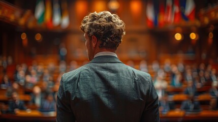 Fototapeta premium Male Politician Delivering a Speech at an International Conference