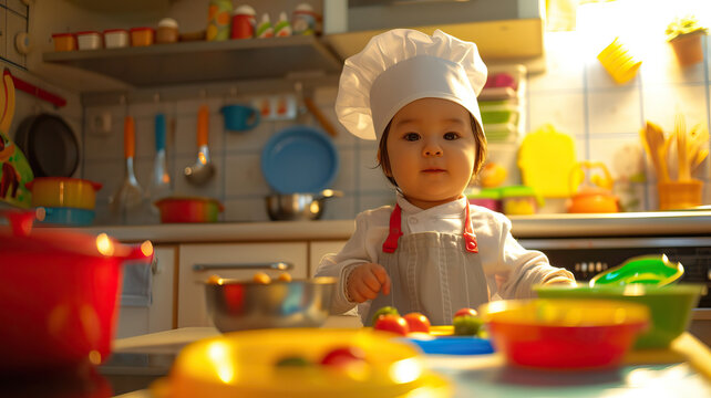 Toddler Chef: A toddler in a chef's hat and apron, pretending to cook in a toy kitchen with pots, pans, and plastic food