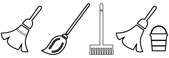 floor moop line art icon. cleaning tools set, mop, bucket thin line icon, isolated on white. vector illustration. © Jawa