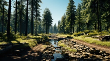 Fototapeta na wymiar A road in the woods with the sun shining UHD WALLPAPER