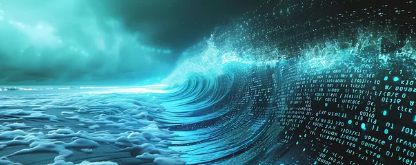 Fotobehang Techno ocean, Waves of electric blue light crashing on a shore of binary code, creating a digital reflection of a virtual sea © thisisforyou