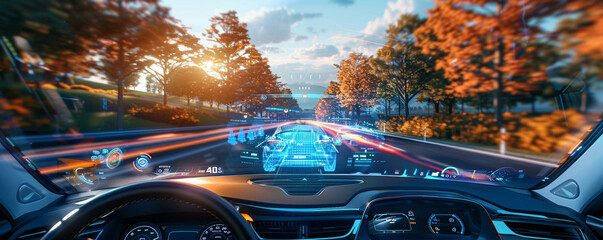 Augmented reality windshield displaying traffic data and points of interest on a scenic drive