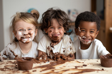 Happiness with chocolate, smiling children having fun with creamy chocolate Children's Day Happy...