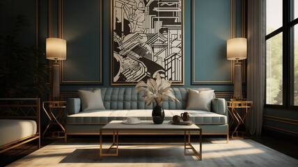 A sophisticated setting with a stylish sofa, an eye-catching table, and a wall featuring intricate patterns that elevate the overall modern aesthetic.
