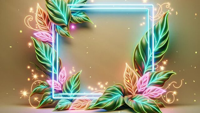 Gold background with neon frame and sparkles.