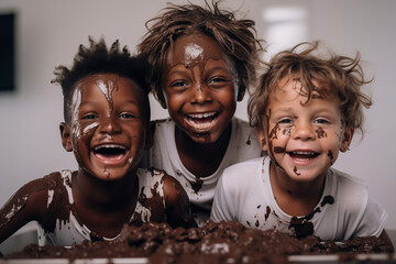 Happiness with chocolate, smiling children having fun with creamy chocolate Children's Day Happy Easter and lots of chocolate for dessert - obrazy, fototapety, plakaty