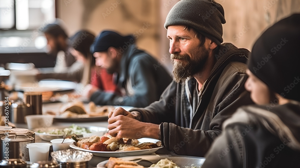 Wall mural donating food to starving people, the concept of poverty and hunger.