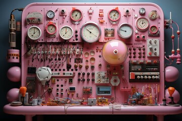 Pink analog control panel in the command center, devices for industrial and scientific research, in the style of retro science fiction