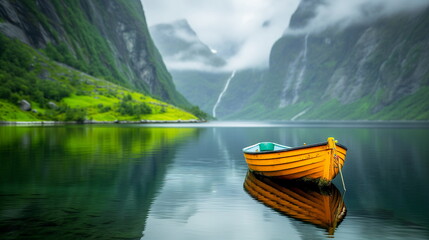 Solitary yellow boat on calm waters with misty mountains and greenery in the background.