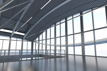 Commercial center hall, exhibition hallway with glass walls and domed ceiling. 3d illustration