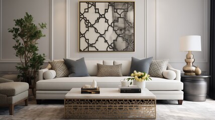 A transitional interior design with a stylish sofa, a chic table, and a wall featuring intricate patterns, creating a warm and inviting atmosphere.