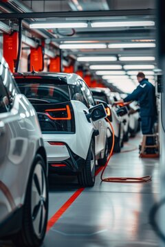 Precision and Expertise of Electric Vehicle Technicians Performing Diagnostics and Repairs Specialized Tools and Charging Equipment Showcasing the Future of Vehicle Maintenance and Servicing © Elzerl