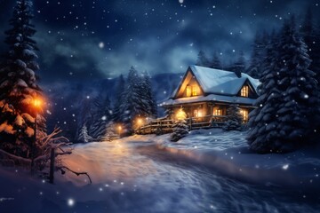 Fototapeta premium village street in winter season decorated for Christmas or New Year holiday, beautiful view of exteriors of houses , snow, sunset, street lights, festive environment