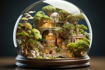 a glass sphere with a microcosm inside, a small fabulous palace between trees
