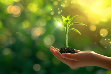 A hand holding a young plant emerges from rich soil against a backdrop of green bokeh and morning sunshine. Earth Day, Environment Day, ESG principles, green business, and sustainability investments.