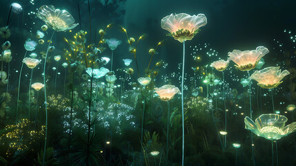 Techno-organic garden where luminous flowers bloom and release shimmering pollen into the night air.