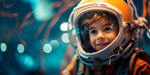 Child with a beaming smile in a spacesuit or a space lover dressed in a space-themed costume. Generative AI