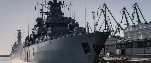 WARSHIPS - A German Navy missile frigate and Portugal Navy missiler frigate moored in the port