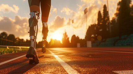 feet of the runner while running along street in the morning sunrise. - obrazy, fototapety, plakaty