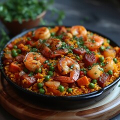 Traditional Spanish Paella: An authentic shot of Spanish paella with saffron-infused rice, seafood, and chorizo