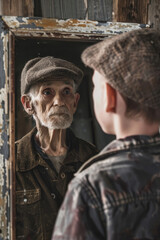 Young boy Looking at Himself as an old man in Mirror