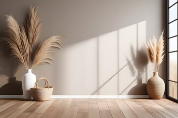 empty room interior wall mockup with wood floor