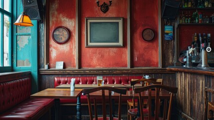 A blank picture frame hanging on the old textured wooden wall in a cosy old english or irish pub
