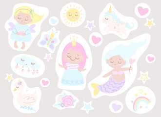 Stickers kids. Cute girl, princess, fairy, mermaid, unicorn, rainbow, swan, flowers, butterfly collection, set. Vector illustration isolated. Funny, cartoon stickers for girl, children. Baby stickers
