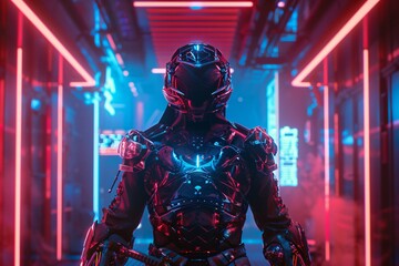 A cybernetic samurai stands at the crossroads of time where ancient honor meets cutting edge technology in a neon lit world
