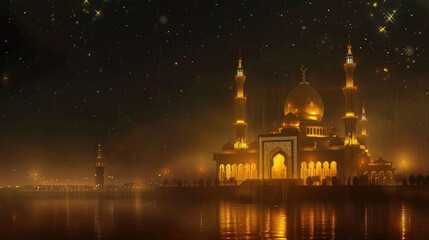 Fototapeta na wymiar Realistic Golden Islamic Mosque in dark night