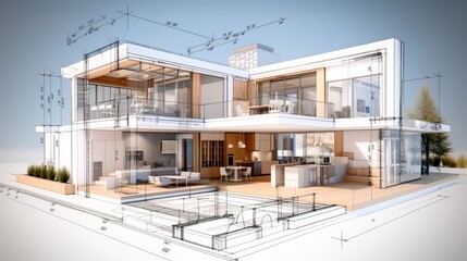 vision of architecture of a 3d model house project with blueprint - obrazy, fototapety, plakaty