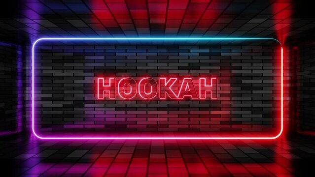 Neon sign hookah in speech bubble frame on brick wall background 3d render. Light banner on the wall background. Hookah loop for lounge cafe chill out, design template, night neon signboard