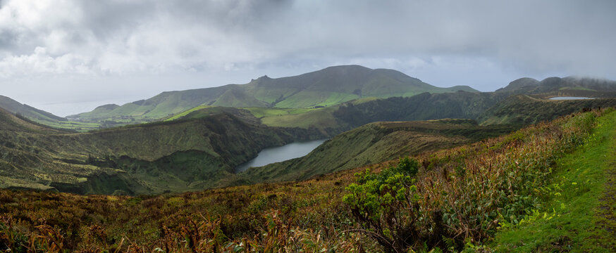 Lagoa Funda and Rasa between the mountains of Flores Island, Azores