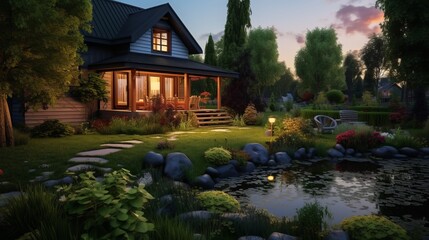 Lonely illuminated villa in nature by a pond at dusk