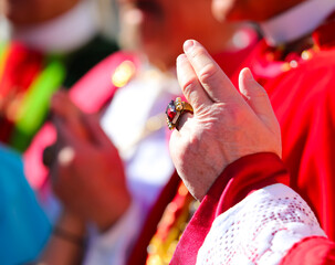hand with ruby ring of the cardinal dressed in red during the blessing
