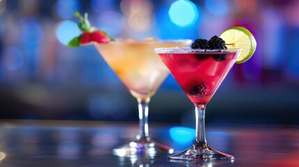 Variety of alcoholic drinks and multi colored cocktails on the reflective surface of bar counter. Blurred shelves with bottles on background
