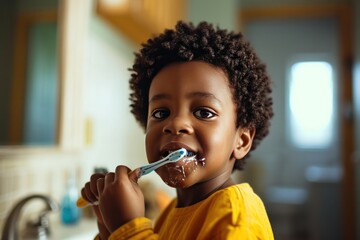 black kid brushing his teeth with toothpaste  in the morning at bathroom. Odontology hygiene and dentistry.  - obrazy, fototapety, plakaty