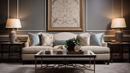 Fototapeta na wymiar A transitional living room setup with a plush chenille sofa, a wooden coffee table, and a wall featuring an elegant damask pattern in subtle metallic tones.
