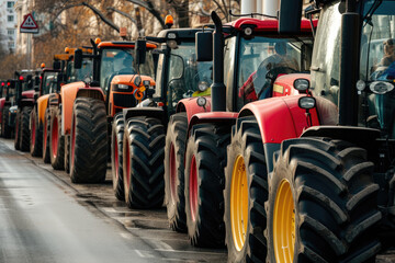 A Row of Tractors Lined Up on the Side of the Road. - 738678957