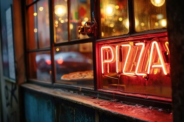 pizza red neon sign on pizzeria restaurant at night - obrazy, fototapety, plakaty