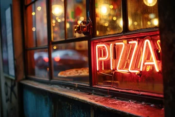 Keuken spatwand met foto pizza red neon sign on pizzeria restaurant at night © Dina