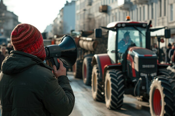 Man Holding Megaphone in Front of Tractor.