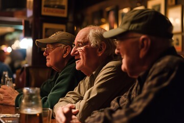 three senior men hanging out in irish pub or bar. Guys night out.