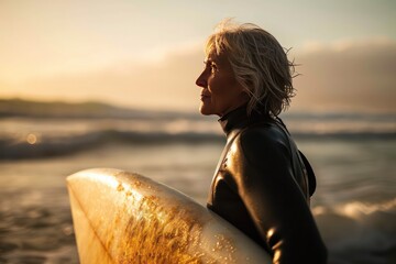 senior woman surfer portrait closeup at sunset standing in the ocean with sandy surfboard. Catching waves and surf camp trip. Active travel lifestyle when aging. - obrazy, fototapety, plakaty
