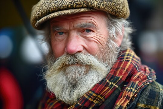 senior elegant Scottish man wearing traditional tartan pattern scarf. Scotland national clothes tradition.