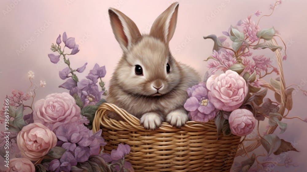 Wall mural a bunny in a basket with pink peonies