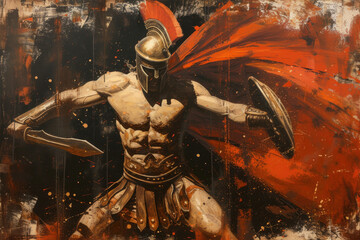 Painting of a Spartan Soldier With a Red Cape