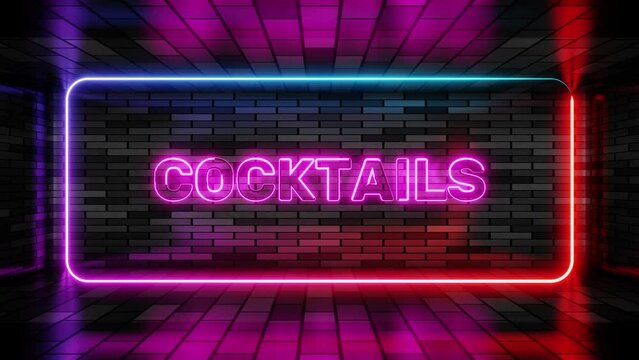 Neon sign cocktails in speech bubble frame on brick wall background 3d render. Light banner on wall background. Cocktails loop alcohol shake, drinking canteen, design template, night neon signboard