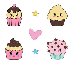 Web Cute set with sweet cupcakes on a light background.