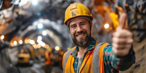 Content Miner with Thumbs-Up in Illuminated Tunnel - obrazy, fototapety, plakaty